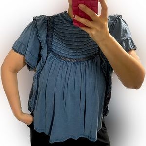 Free People Blue Ruffled Pintuck Peasant Blouse